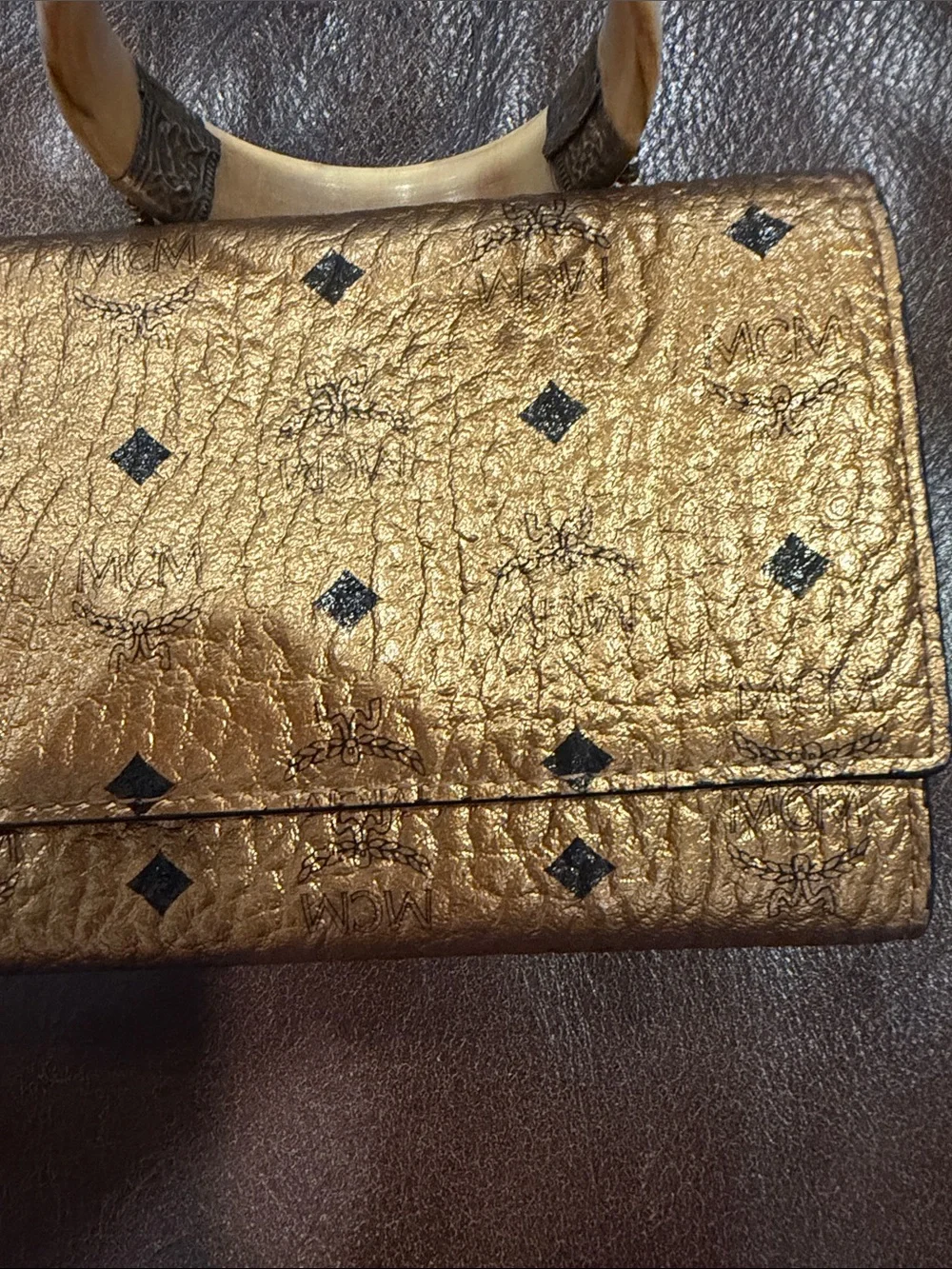 MCM Metallic Gold Logo Fold Wallet